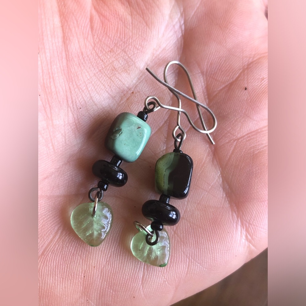 Artisan Handcrafted Beaded Dangle Earrings Jade Green Black Boho Country